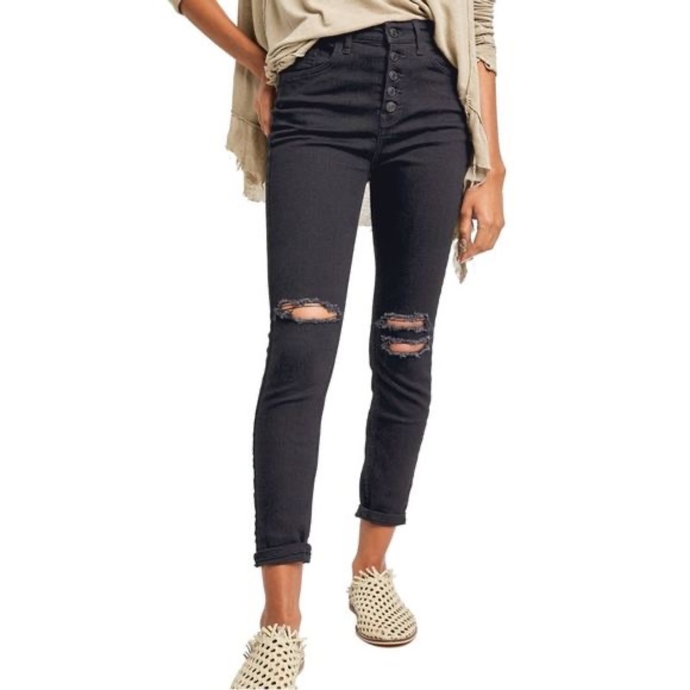Free People Sabrina Button Front High Waist Super Skinny Jeans In Black